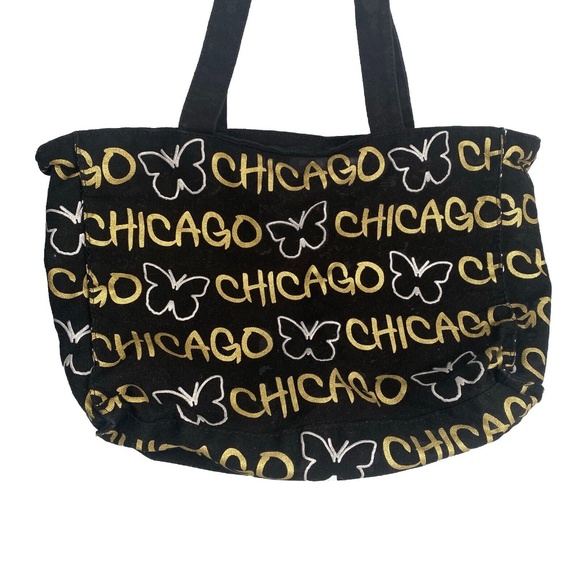 Robin Ruth Black Canvas Butterfly Tote Bag - Chicago Graphic, 16"x10"x5" - Picture 2 of 10